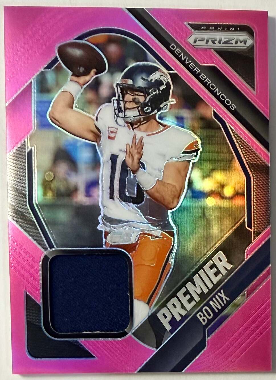 Bo Nix 2025 Panini Prizm Premier Memorabilia Patch Pink Prizm Denver Broncos